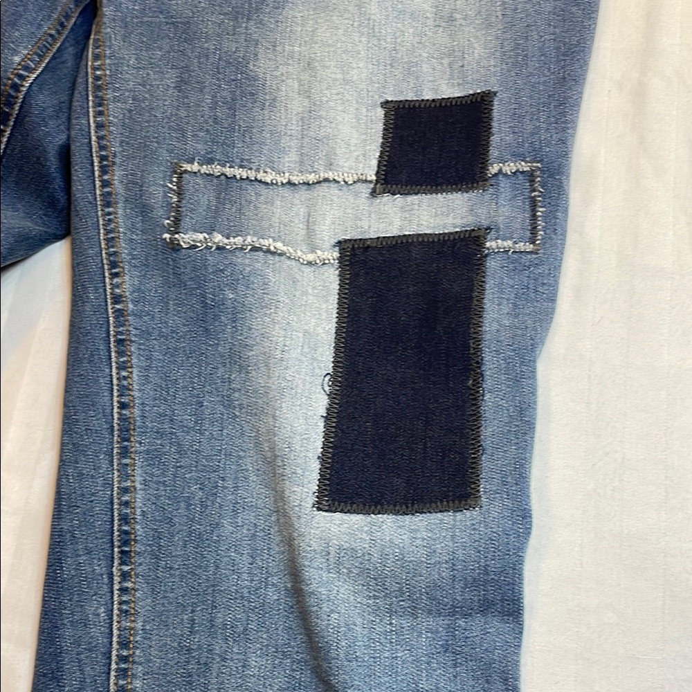 Catherines Blue Straight Leg Jeans with Distressing and Patchwork - Picture 6 of 10